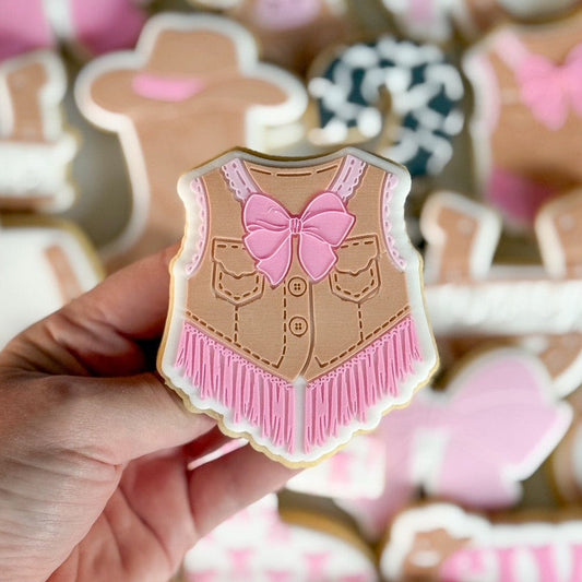cowboy cowgirl boots hat vest denim jacket tassels bow rodeo hens baby shower cookie stamp cookie cutter stampandimpress