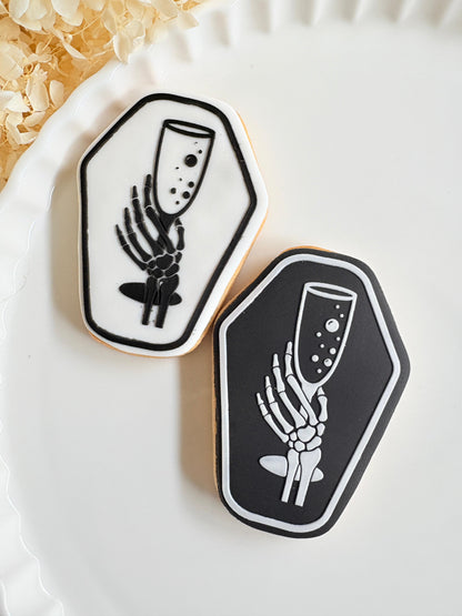 skeleton holding champagne glass coffin halloween bride or die death to my birthday cookie stamp cookie cutter stampandimpress