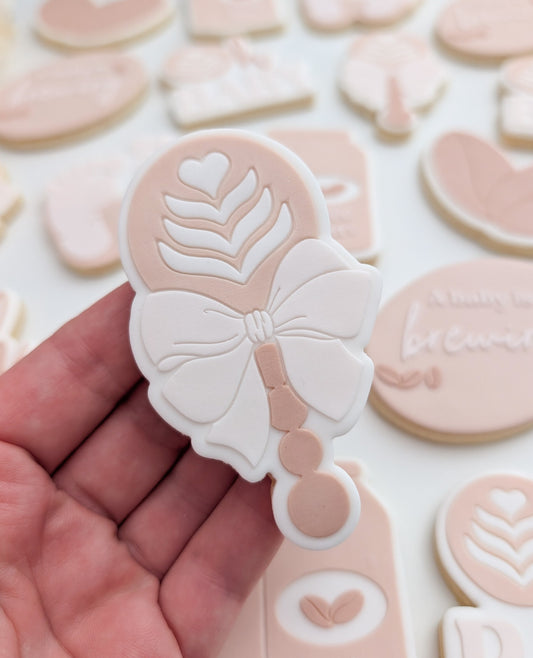 Oh baby coffee up coffee beans little bean coffee rattle a baby is brewing rattle with bow coffee cup espresso baby shower cookie stamp cookie cutter stampandimpress
