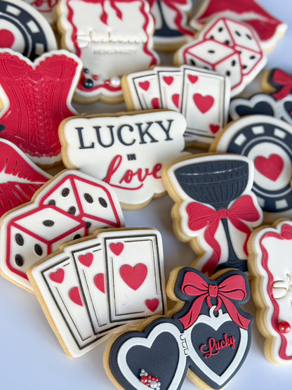 Lucky in love corsett red lips coupe cocktail glass playing cards casino dice poker chip lucky heart locket fondant cookie stamp cookie cutter stampandimpress