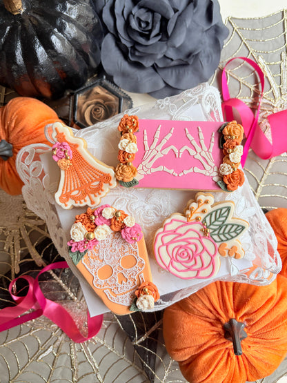 lace skeleton skull heart hands chandelier rose halloween fondant cookie stamp cookie cutter stampandimpress