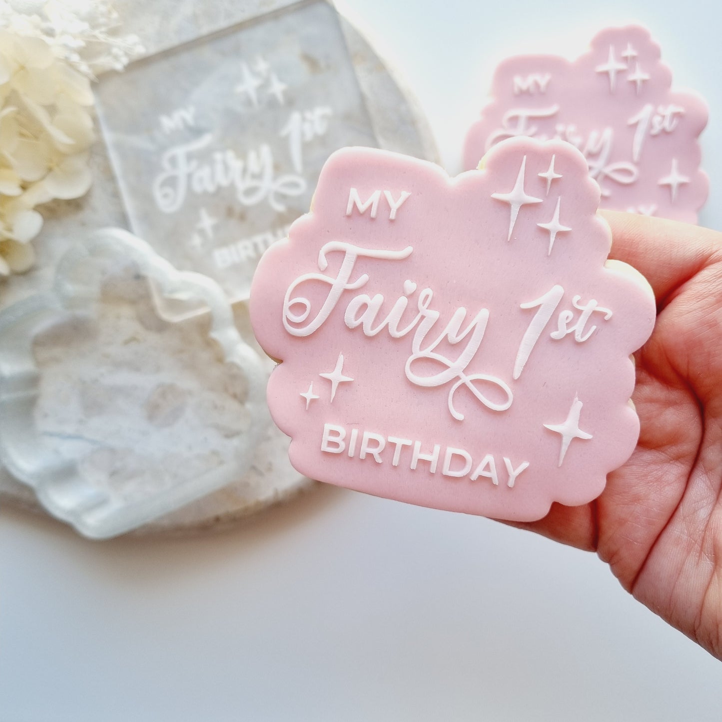 Fairy 1st first birthday cookie stamp cookie cutter stampandimpress Fondant debosser Fairy door magical wand dust sparkle