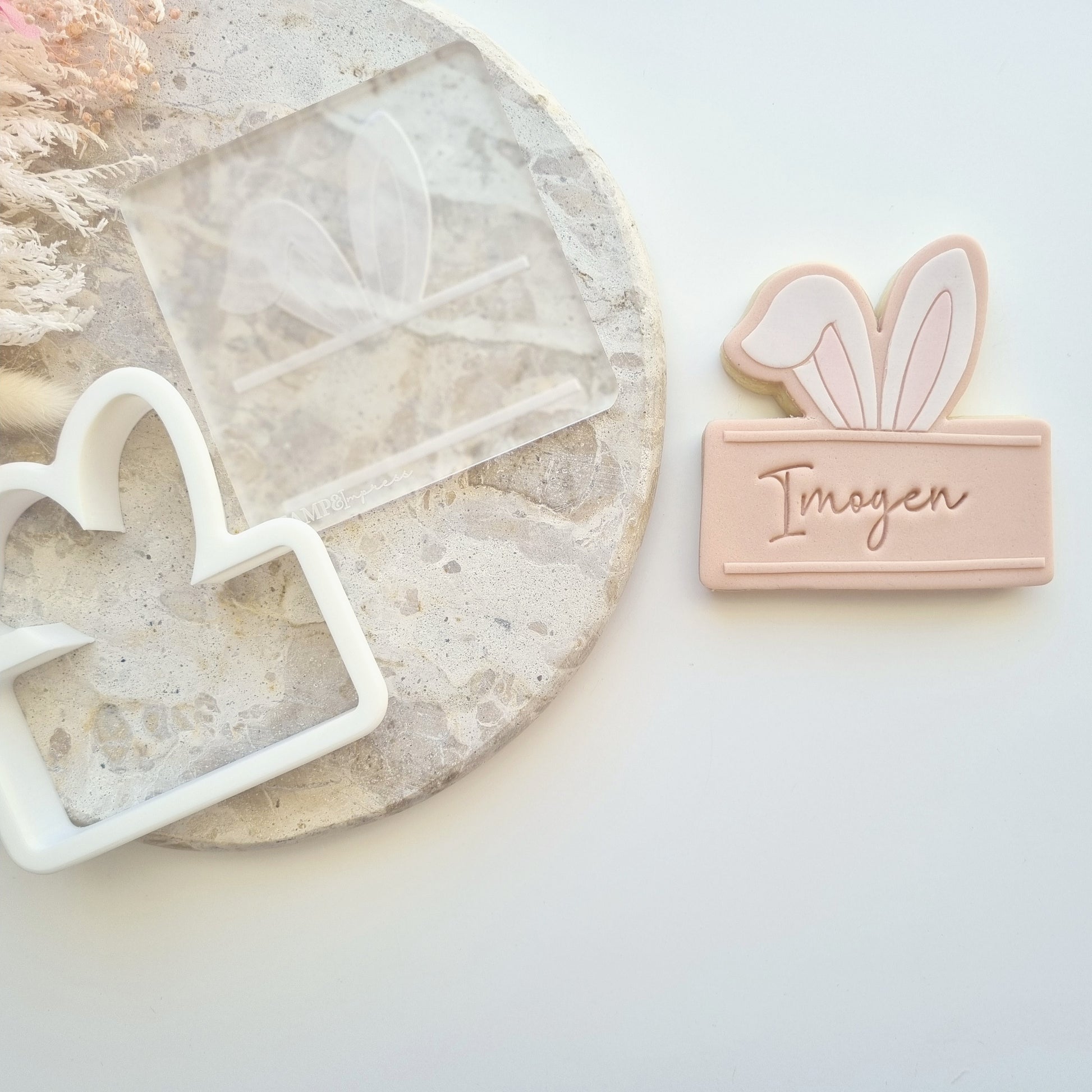 happy easter simple bunny face bunny ears name plaque bow pattern easter egg easter bunny cookie stamp cookie cutter stampandimpress
