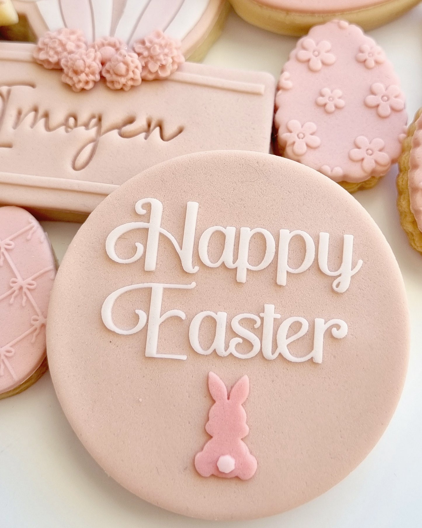 happy easter simple bunny face bunny ears name plaque bow pattern easter egg easter bunny cookie stamp cookie cutter stampandimpress