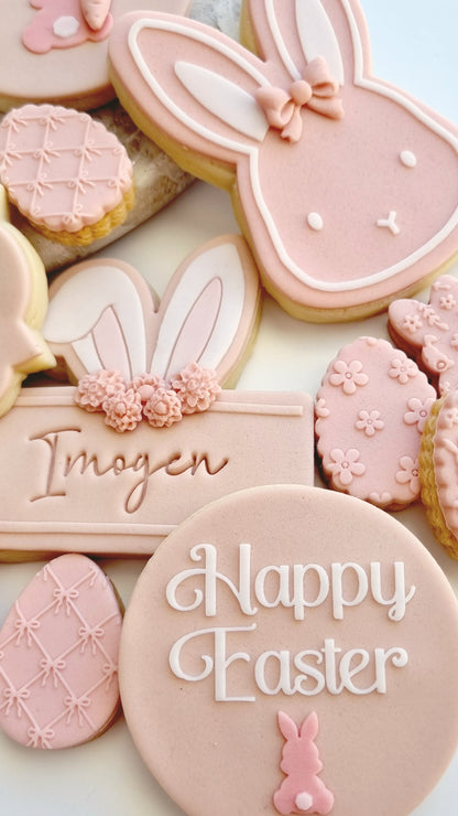 happy easter simple bunny face bunny ears name plaque bow pattern easter egg easter bunny cookie stamp cookie cutter stampandimpress