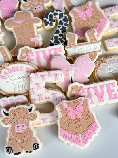 rodeo cowgirl cowboy cow bow horseshoe cowboy hat saddle up rope cow print jacket vest cowboy boots with bow cookie stamp cookie cutter stampandimpress hens birthday 