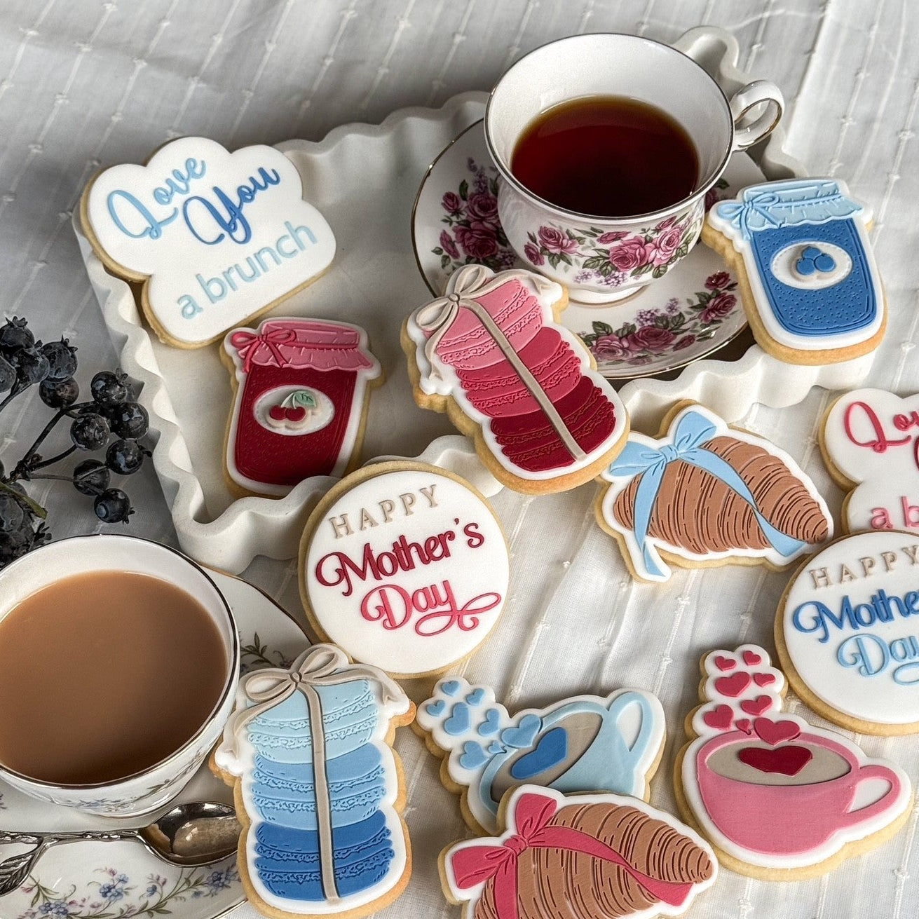 happy mothers day love you a brunch macarons coffee cup croissant with bow jam jar fondant cookie stamp cookie cutter stampandimpress