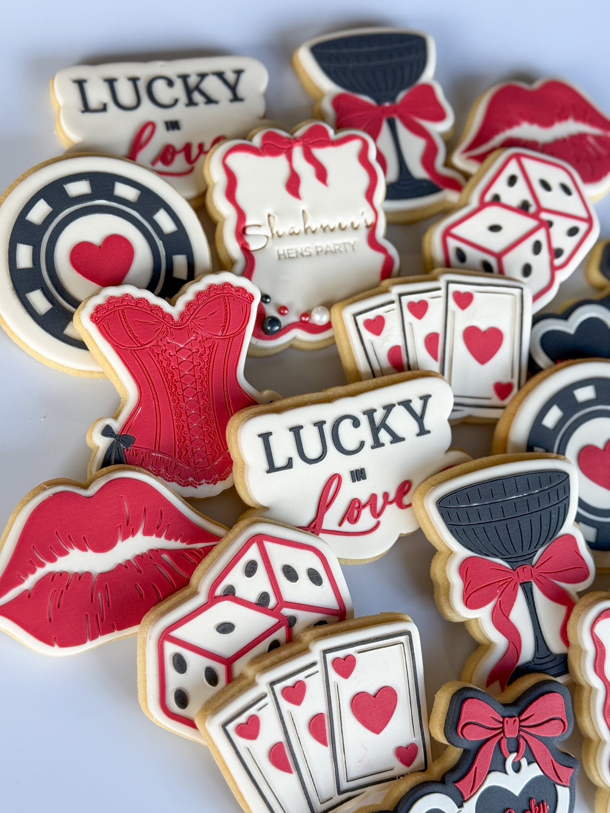 Lucky in love corsett red lips coupe cocktail glass playing cards casino dice poker chip lucky heart locket fondant cookie stamp cookie cutter stampandimpress