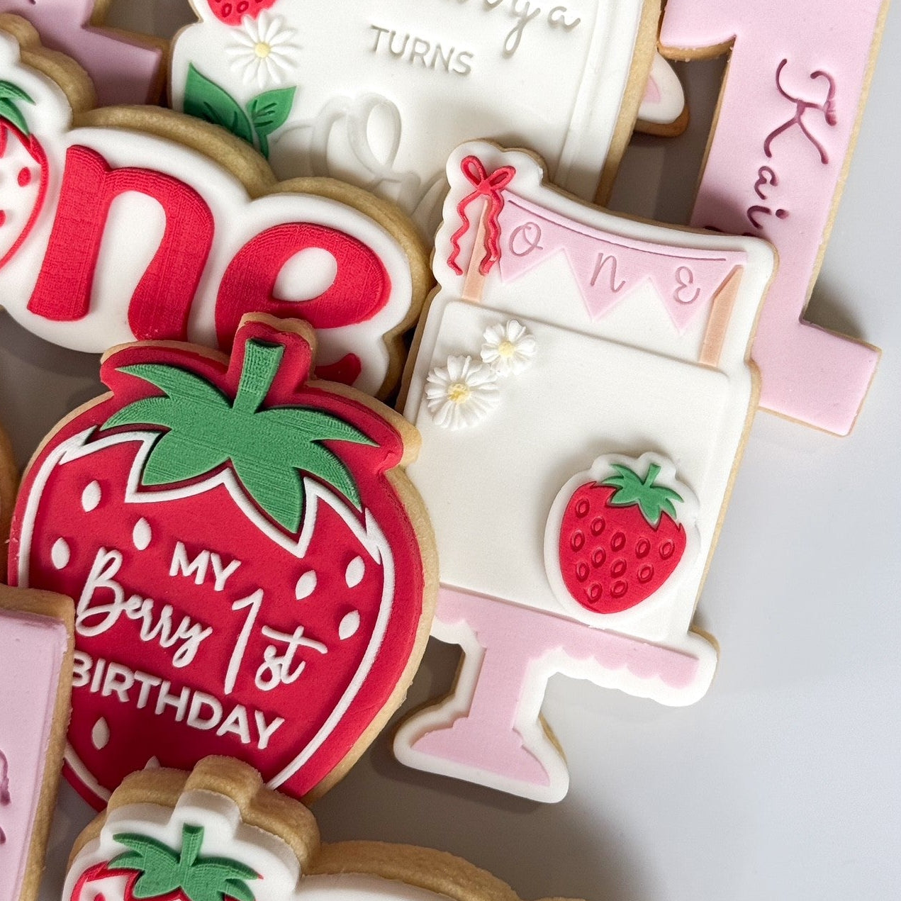 cake with one bunting strawberry theme berry 1st birthday cake with bow cookie stamp cookie cutter stampandimpress