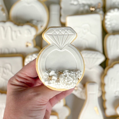 diamond ring cookie stamp cookie cutter stampandimpress wedding engagement bride and groom mr & mrs engaged future mr & mrs champagne bottle