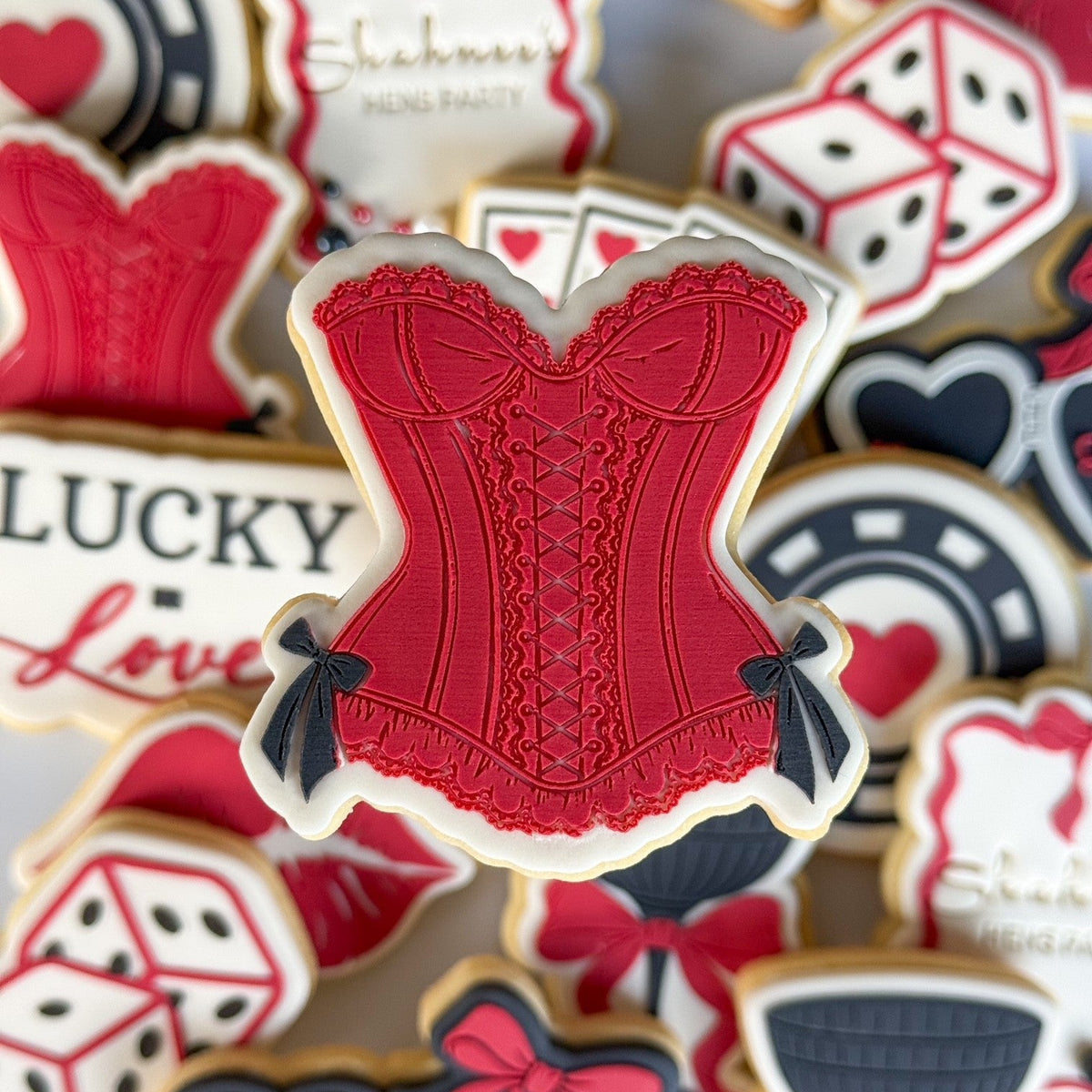 Lucky in love corsett red lips coupe cocktail glass playing cards casino dice poker chip lucky heart locket fondant cookie stamp cookie cutter stampandimpress