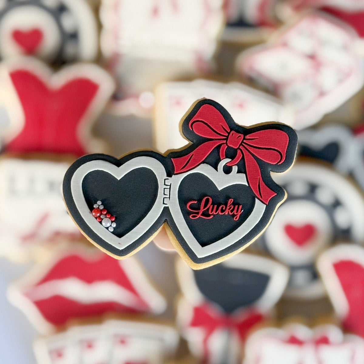 Lucky in love corsett red lips coupe cocktail glass playing cards casino dice poker chip lucky heart locket fondant cookie stamp cookie cutter stampandimpress