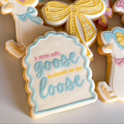 A little silly goose is almost on the loose cookie stamp cookie cutter stampandimpress baby shower baby rattle onesie 