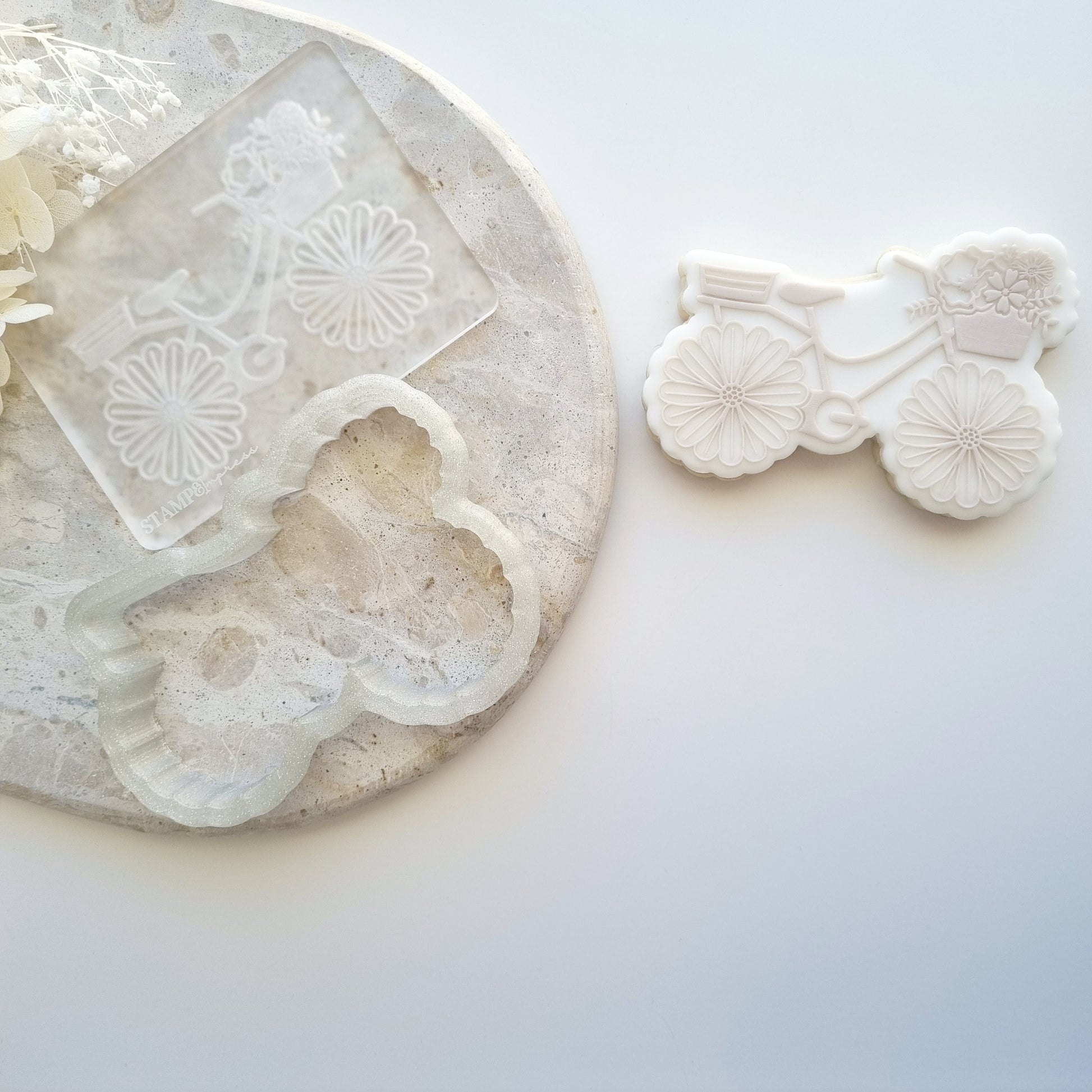 Bike with daisy wheels floral cookie stamp cookie cutter stampandimpress