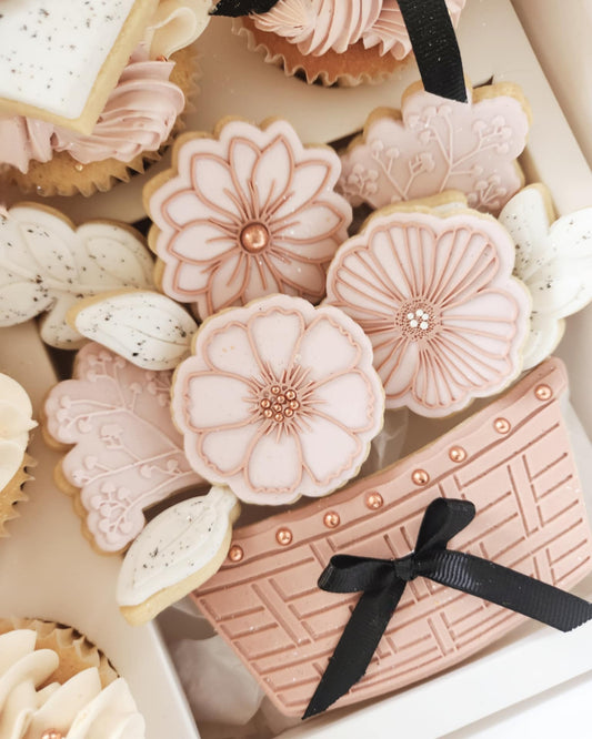 large basket florals bouquet gifting cookie stamp cookie cutter stampandimpress fondant cookies