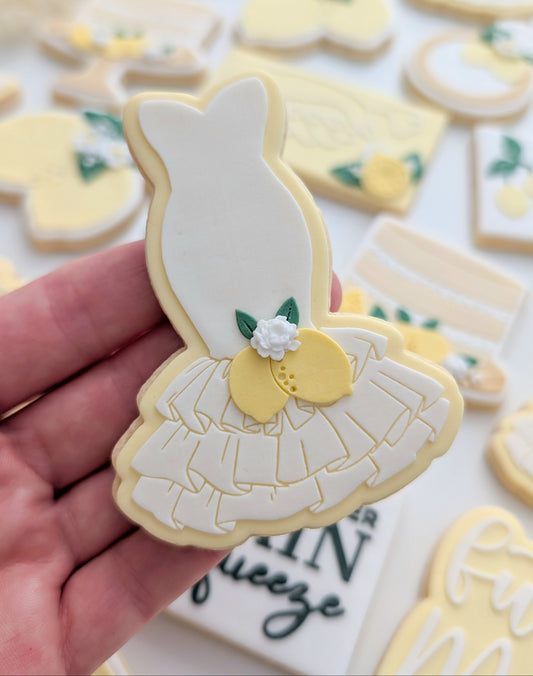 wedding dress ruffle dress bride to be cookie stamp cookie cutter stampandimpress lemon theme