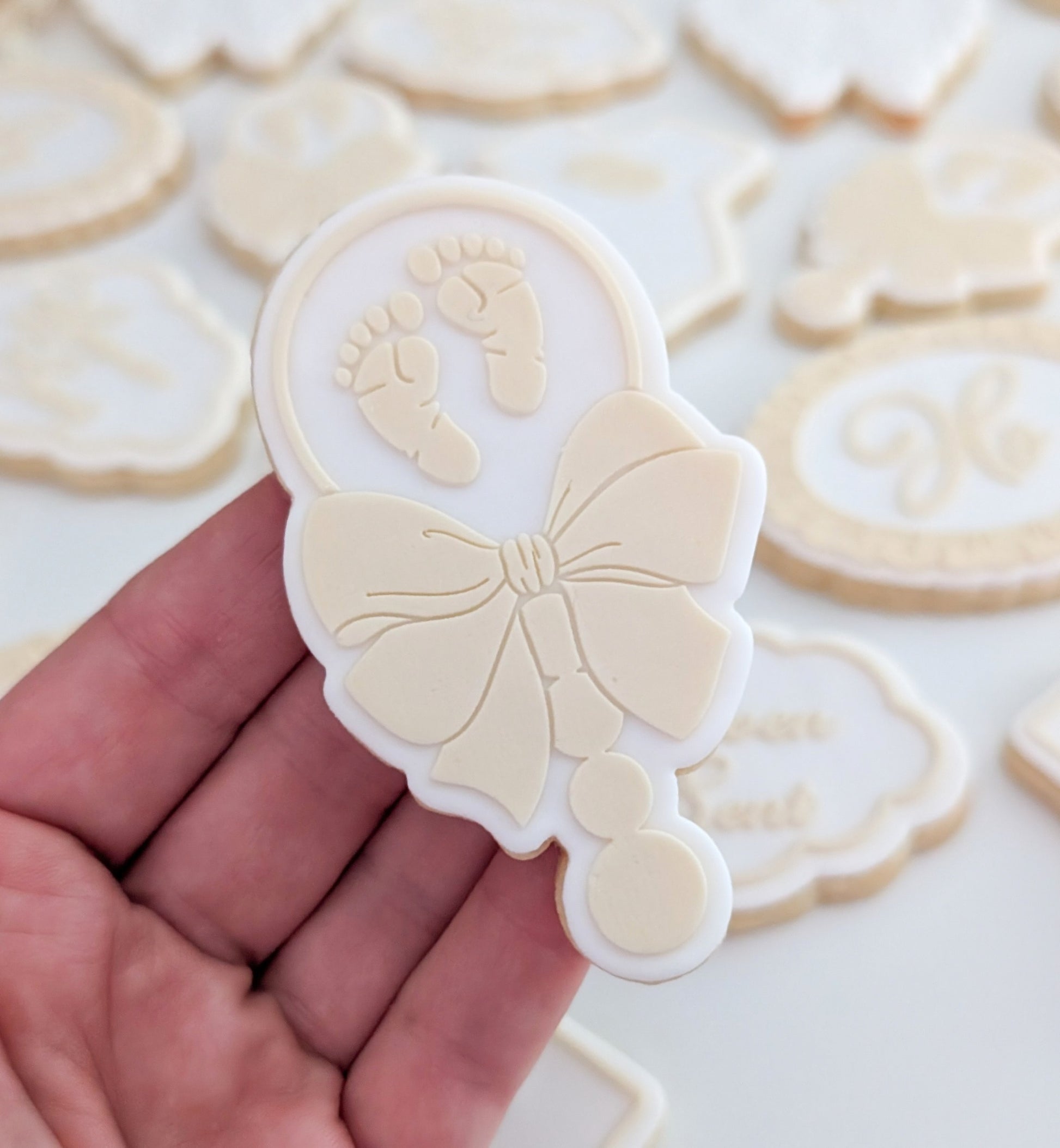 baby rattle bow tiny feet baby shower cookie stamp cookie cutter stampandimpress