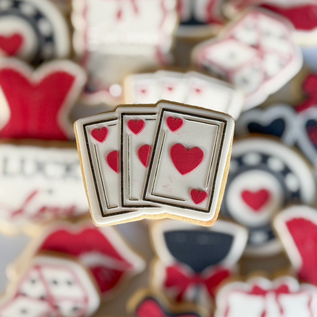 Lucky in love corsett red lips coupe cocktail glass playing cards casino dice poker chip lucky heart locket fondant cookie stamp cookie cutter stampandimpress