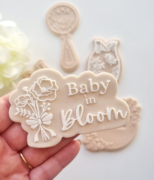 pattern cookie stamp cookie cutter baker bake baking cute beautiful design embosser debosser decorate fondant Perth Australia custom stampandimpress stamp & impress baby shower romper onesie floral flower in bloom overalls rattle bottle crib pram