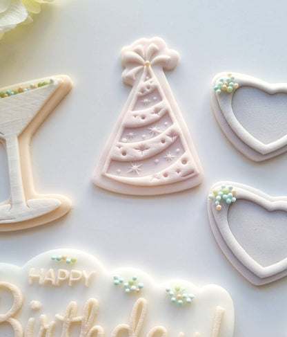 pattern cookie stamp cookie cutter baker bake baking cute beautiful design embosser debosser decorate fondant Perth Australia custom stampandimpress stamp & impress birthday party hat pompom sparkle dinosaur happy cake