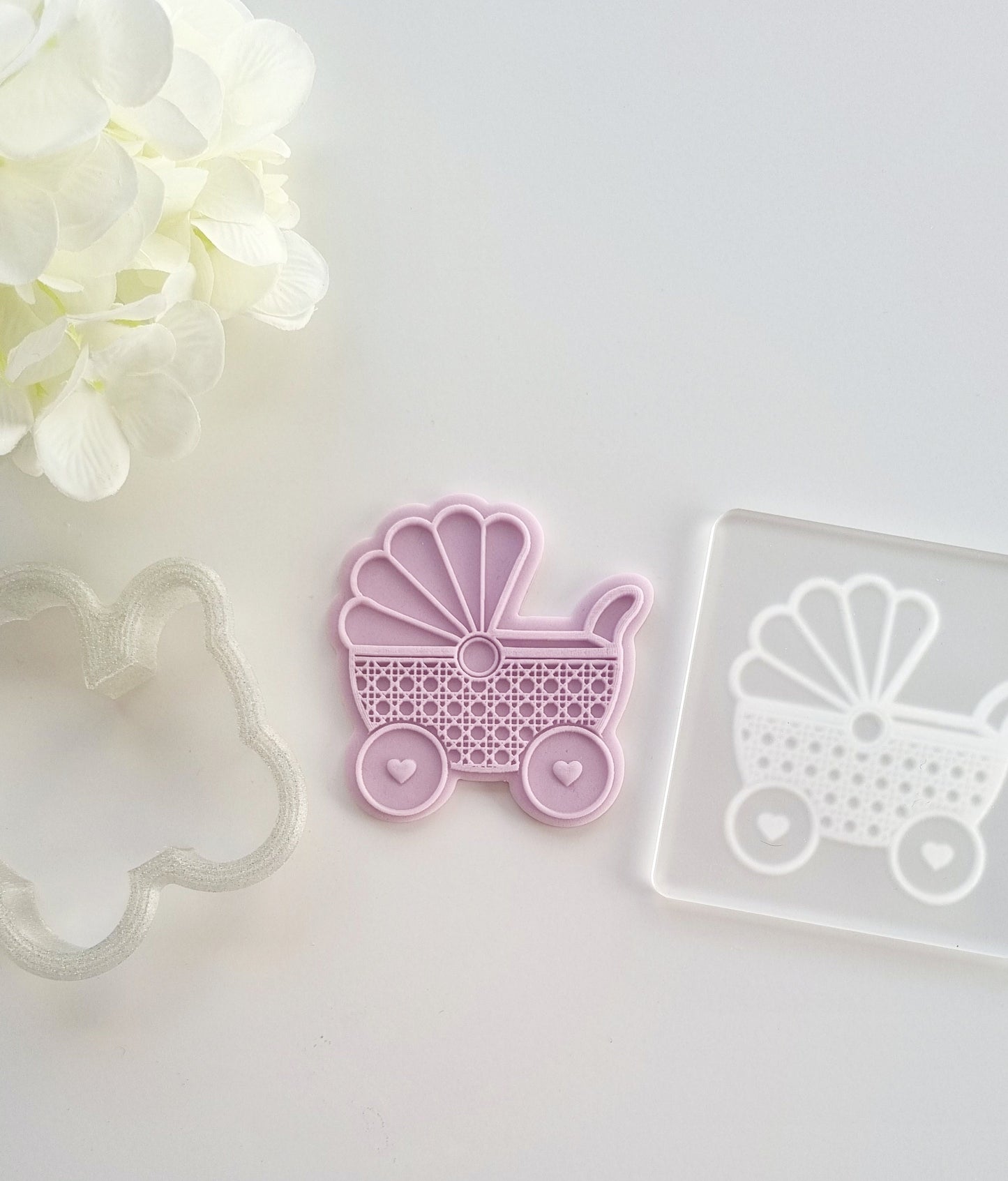 pattern cookie stamp cookie cutter baker bake baking cute beautiful design embosser debosser decorate fondant Perth Australia custom stamp impress stamp & impress baby shower boy girl rattan pram stroller toy heart wheel cot crib bottle vintage