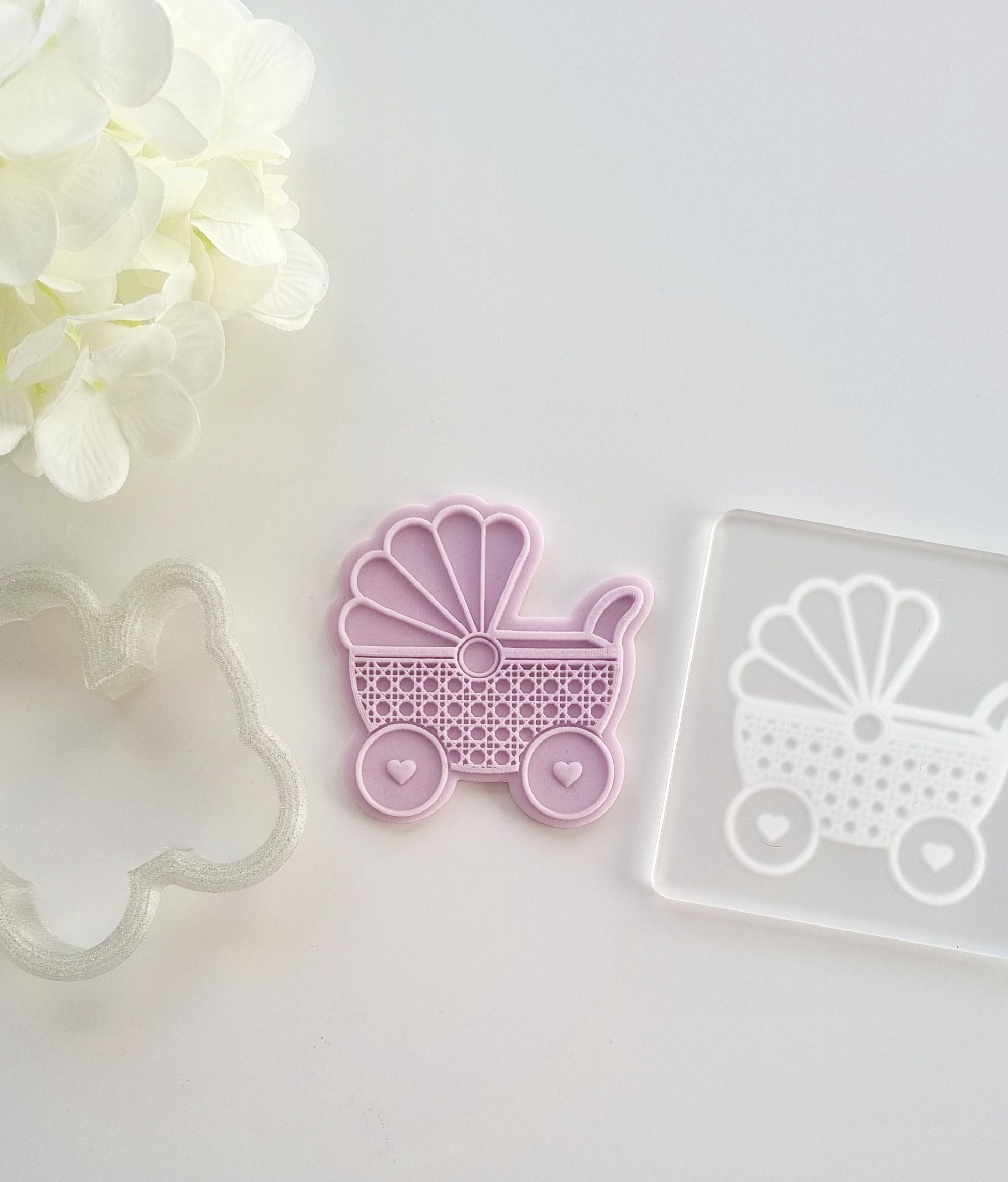 pattern cookie stamp cookie cutter baker bake baking cute beautiful design embosser debosser decorate fondant Perth Australia custom stamp impress stamp & impress baby shower boy girl rattan pram stroller toy heart wheel cot crib bottle vintage