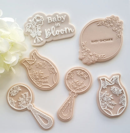 pattern cookie stamp cookie cutter baker bake baking cute beautiful design embosser debosser decorate fondant Perth Australia custom stampandimpress stamp & impress baby shower romper onesie floral flower bloom overalls rattle bottle crib pram