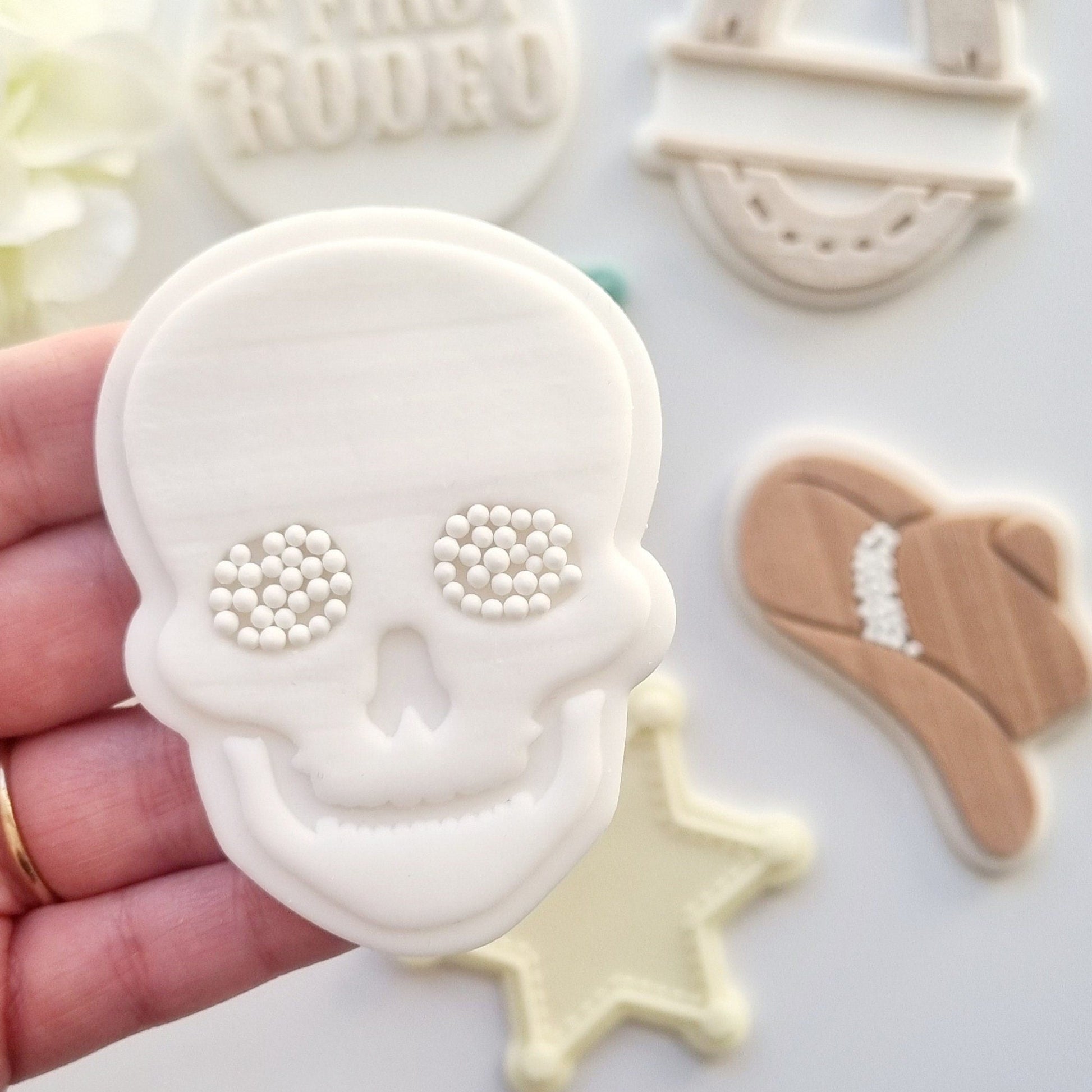 pattern cookie stamp cookie cutter baker bake baking cute beautiful design embosser debosser decorate fondant Perth Australia stampandimpress stamp & impress first rodeo theme western sheriff sherrif star badge horseshoe cowboy hat boots skull cactus