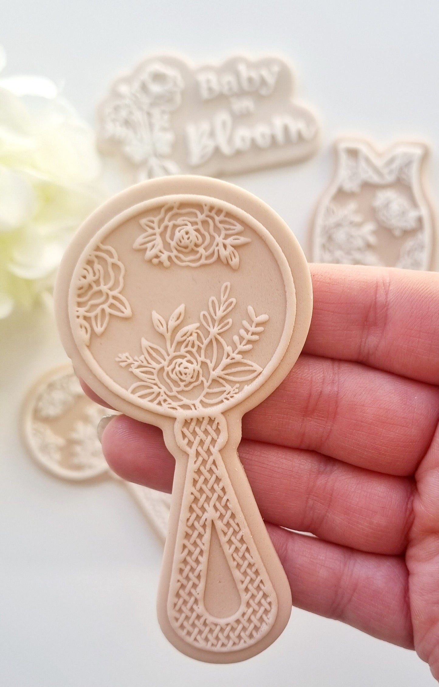 pattern cookie stamp cookie cutter baker bake baking cute beautiful design embosser debosser decorate fondant Perth Australia custom stampandimpress stamp & impress baby shower romper onesie floral flower bloom overalls rattle bottle crib pram