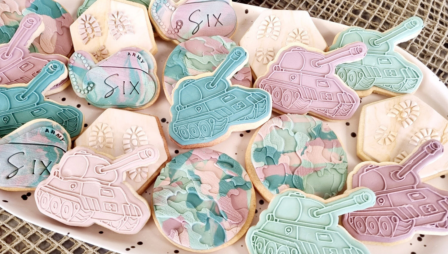 pattern cookie stamp cookie cutter baker bake baking cute beautiful design embosser debosser decorate fondant Perth Australia custom stampandimpress stamp & impress army camouflage boots gun tank dogtag dog tag dogtags footprint battle war