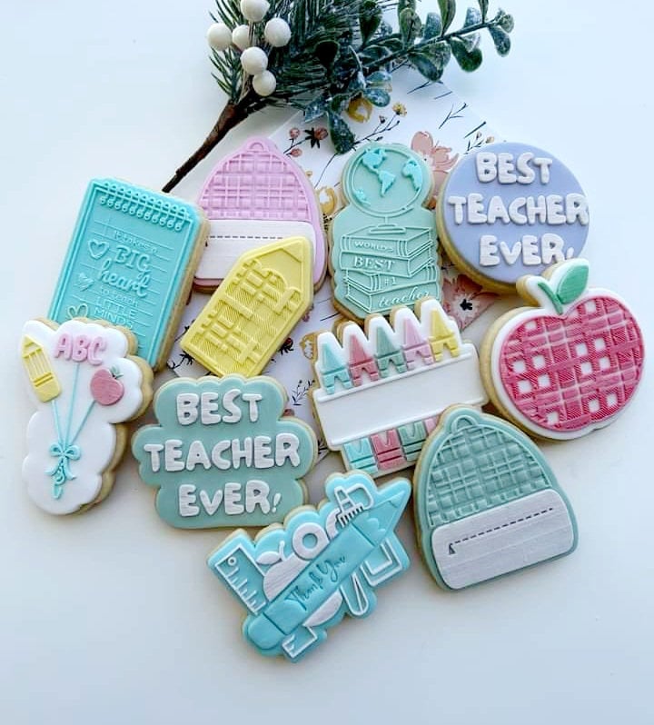 pattern cookie stamp cookie cutter baker bake baking cute beautiful design embosser debosser decorate fondant Perth Australia custom stampandimpress stamp & impress crayons teacher thank you pencils abc apple backpack best teacher ever notebook