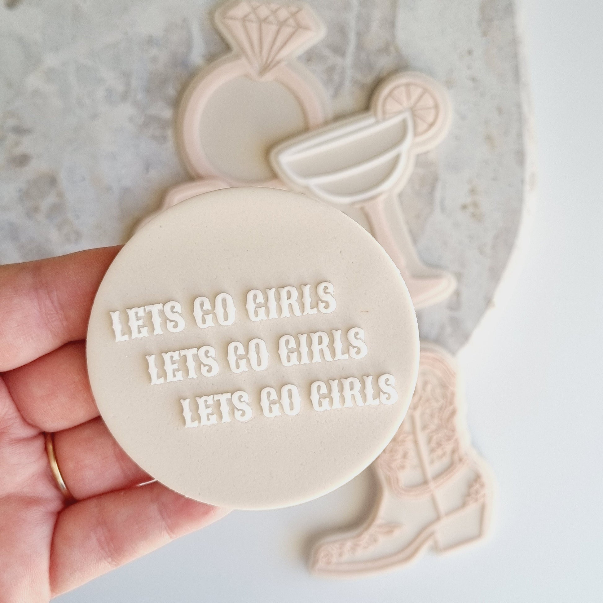 cookie cutter cookie stamp stampandimpress stamp & impress hens lets go girls lets go girls cowboy western last rodeo hoedown boot bachelorette cocktail ring