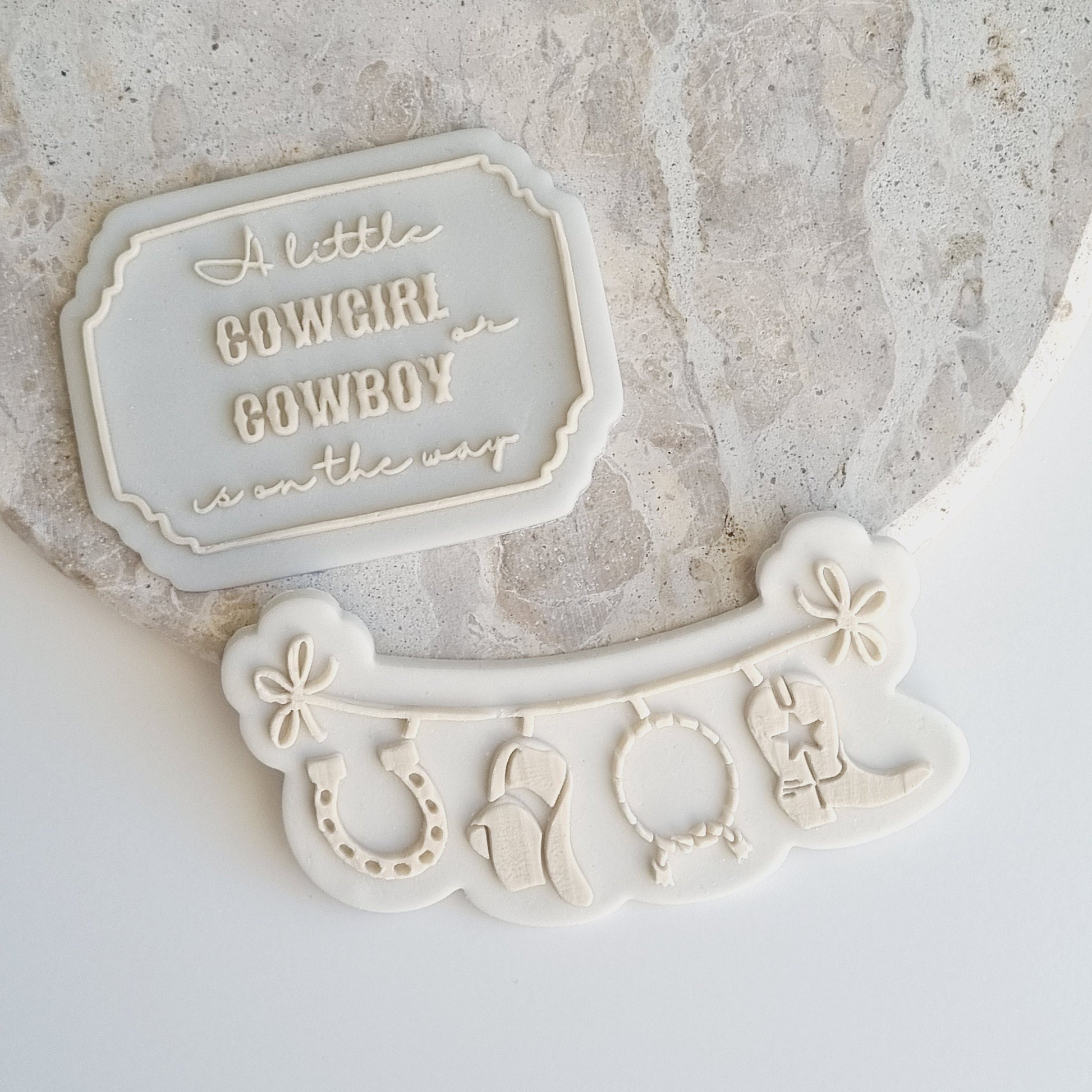 cookie cutter cookie stamp stampandimpress stamp & impress baby shower boy girl a little cowboy or cowgirl is on the way bunting clothesline boot hat lasso lasoo horseshoe horse rodeo hoedown plaque