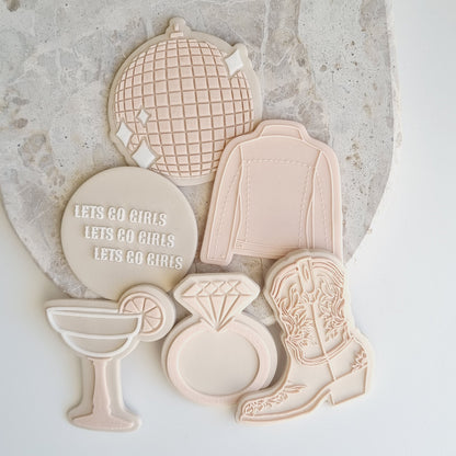 denim jacket rodeo cowboy cowgirl hat ring debosser hens wedding howdown lets go girls boot bride to be miss to mrs cactus cookie stamp cutter stamp and impress stamp & impress