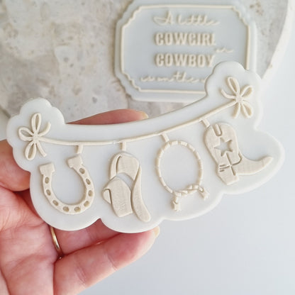 cookie cutter cookie stamp stampandimpress stamp & impress baby shower boy girl a little cowboy or cowgirl is on the way bunting clothesline boot hat lasso lasoo horseshoe horse rodeo hoedown plaque