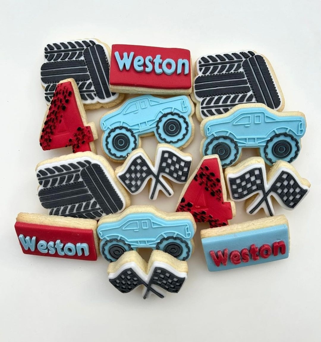 tyre wheel stack monster truck car hot wheelz racing flags cookie stamp cookie cutter stampandimpress