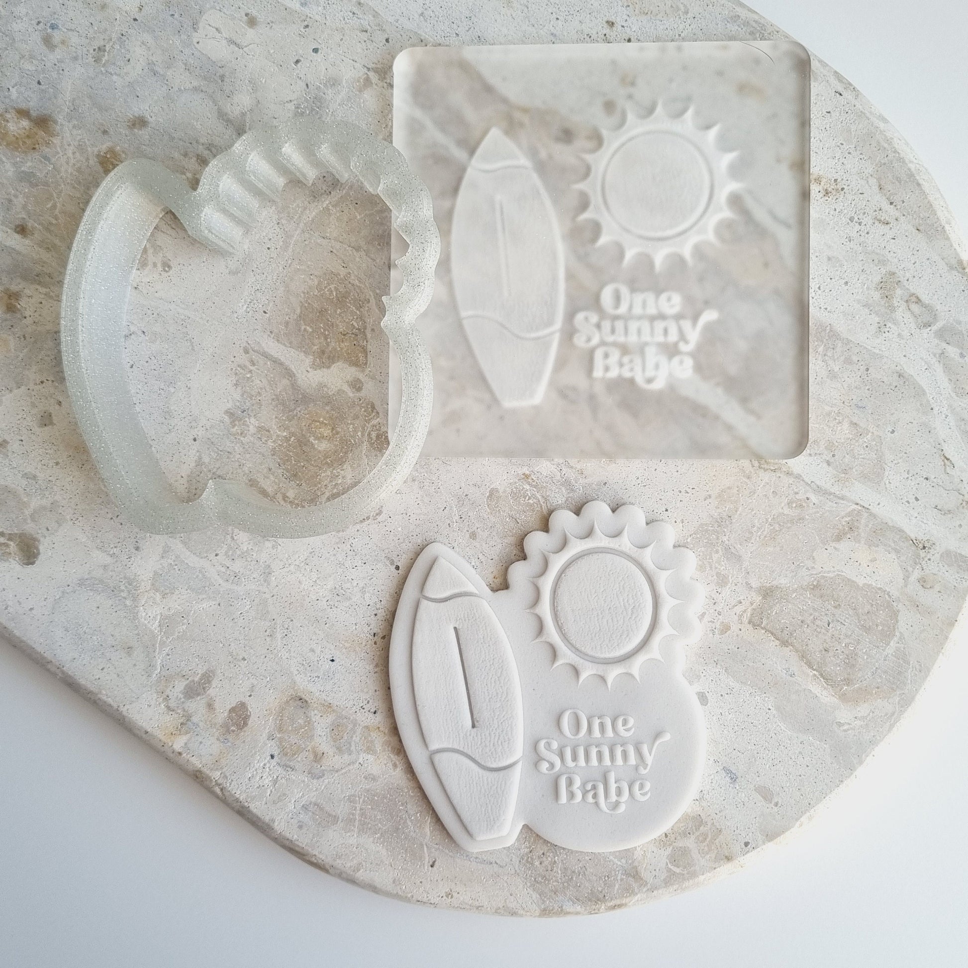 one sunny babe tropical palm tree surfboard sunshine cookie stamp cookie cutter birthday stampandimpress fondant debosser flamingo