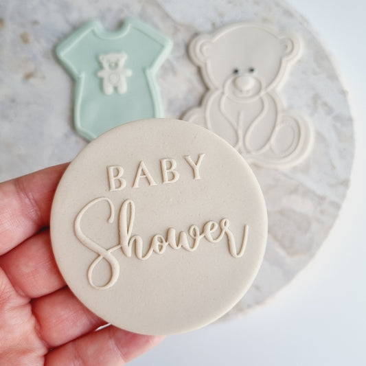 baby shower debosser fondant cookie stamp cookie cutter teddy bear baby in bloom romper bottle cot pram stampandimpress