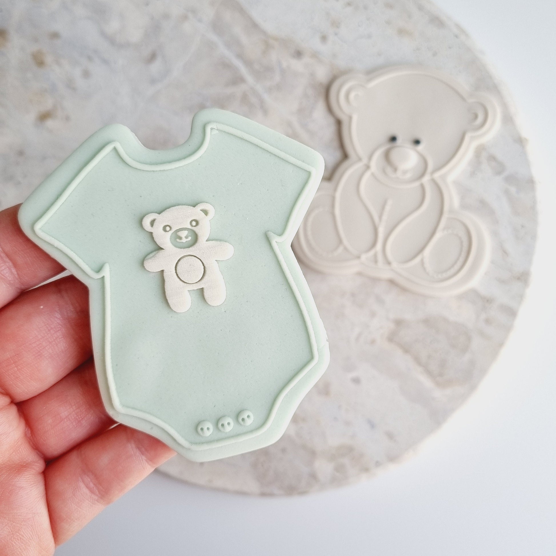 baby shower romper onesie bear teddy on the way we can bearly wait oh baby cot pram crib bottle cookie stamp cookie cutter stampandimpress