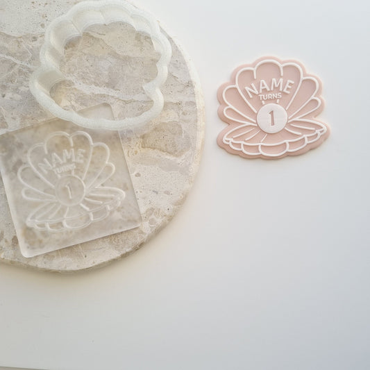 under the sea clam pearl shell open name turns one two three number personalise mermaid cookie stamp cookie cutter stampandimpress