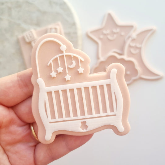 baby crib cot mobile bear moon cloud star cookie stamp cookie cutter stampandimpress fondant debosser babies baby shower twins