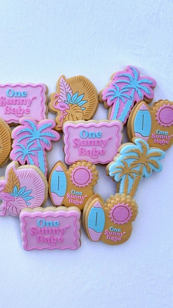 palm tree one sunny babe surfboard tropical flamingo cookie stamp cookie cutter stampandimpress fondant debosser