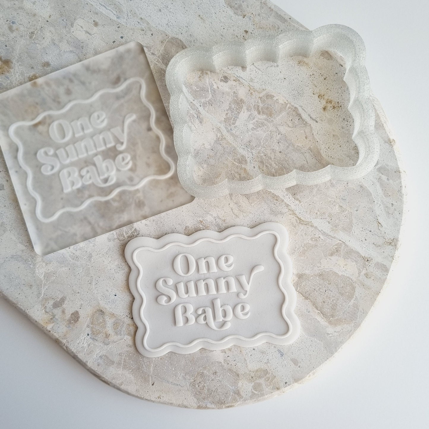 one sunny babe tropical palm tree surfboard sunshine cookie stamp cookie cutter birthday stampandimpress fondant debosser flamingo