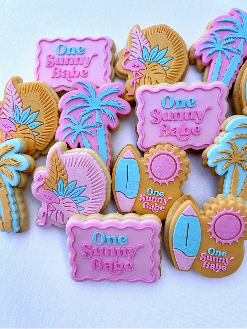 one sunny babe tropical palm tree surfboard sunshine cookie stamp cookie cutter birthday stampandimpress fondant debosser flamingo