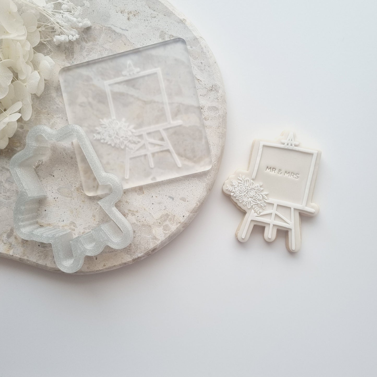 flower floral easel sign cookie stamp cookie cutter fondant debosser baby shower mr & mrs bridal shower bride stampandimpress