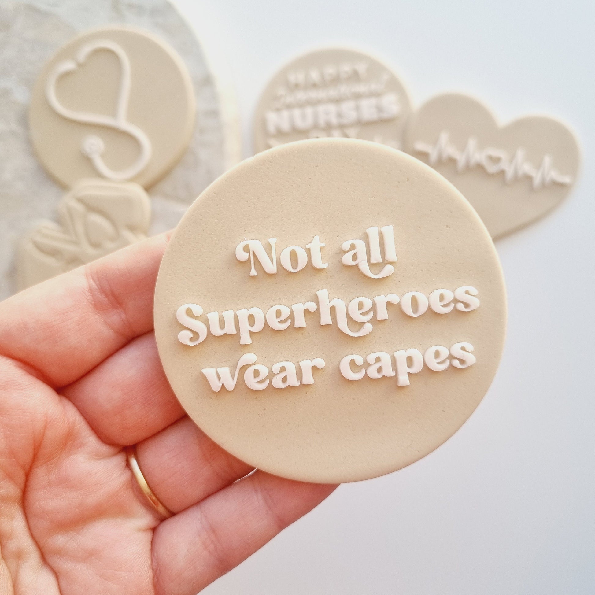 not all superheroes wear capes nurse doctor thank you international nurses day heart heartbeat stethoscope cookie stamp cookie cutter stampandimpress fondant debosser