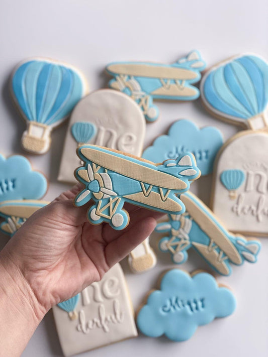 vintage plane biplane aeroplane airplane cloud hot air balloon onederful cookie stamp cookie cutter stampandimpress fondant debosser