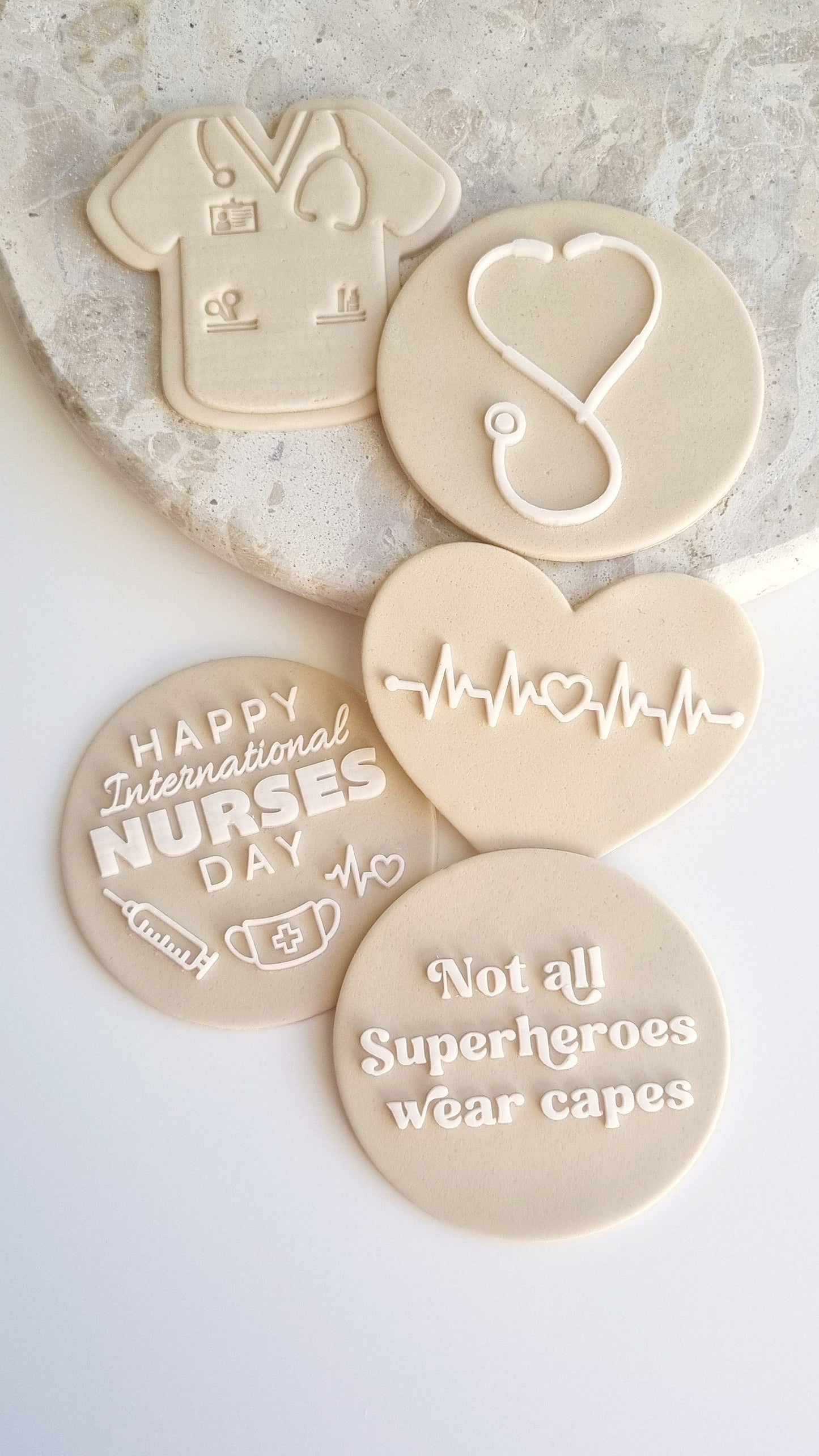 happy international nurses day nurse dr doctor hospital heartbeat needle stethoscope cookie stamp cookie cutter stampandimpress fondant debosser scrubs superhero