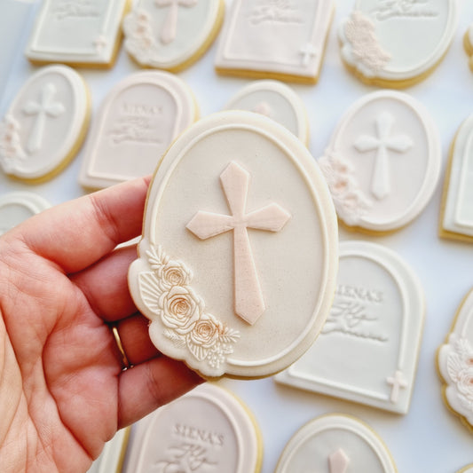 christening baptism cross floral flower church holy communion rose palm border arch cookie stamp cookie cutter stampandimpress fondant debosser