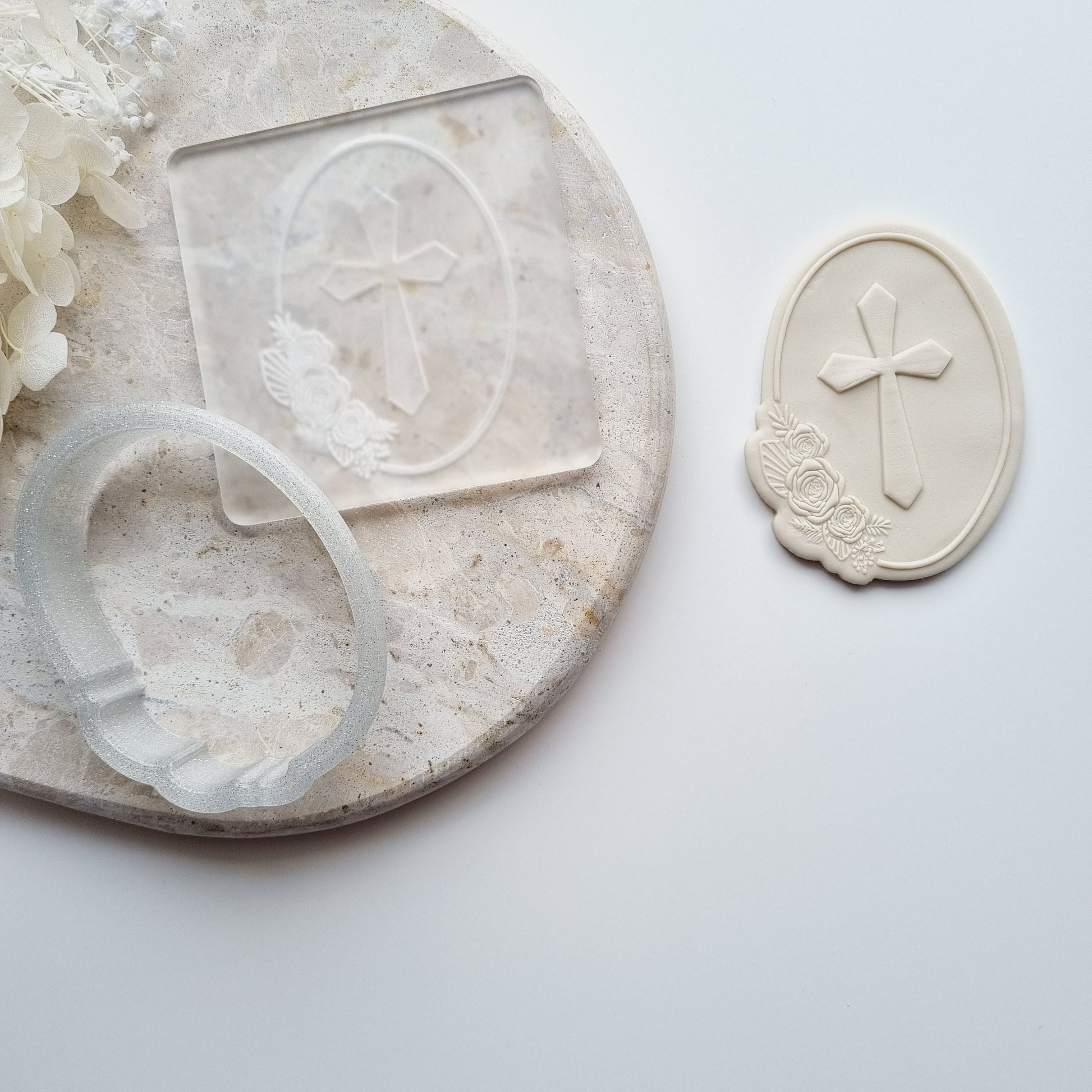 christening baptism cross floral flower church holy communion rose palm border arch cookie stamp cookie cutter stampandimpress fondant debosser oval